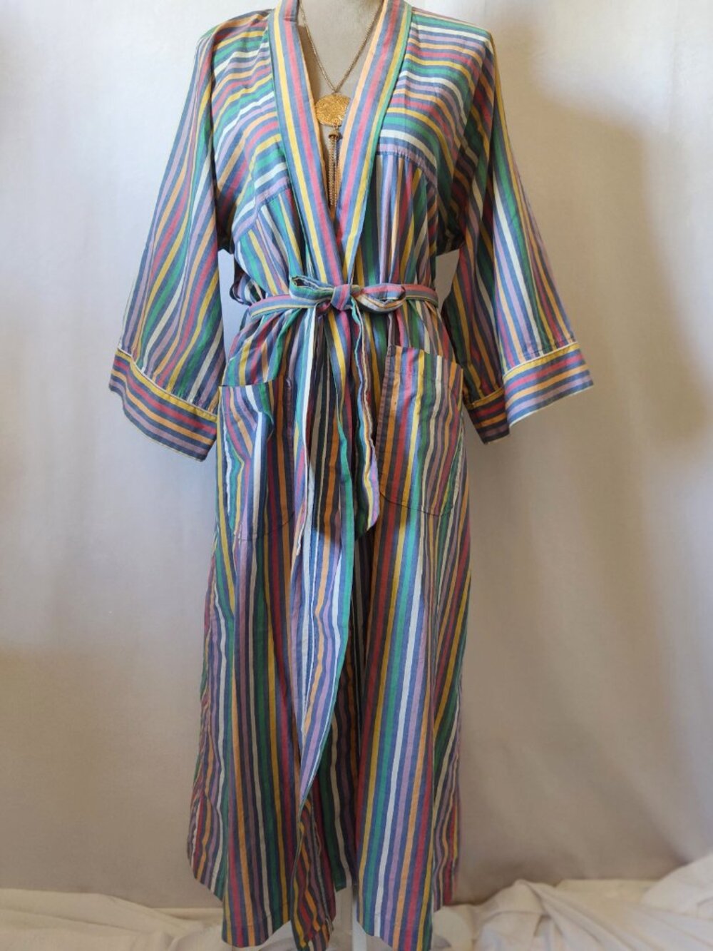 Christian Dior Monsieur OS Unisex Multi-Color Striped Front Pockets Belted Robe - Picture 2 of 12